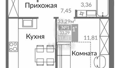 1-к квартира, 33,3 м², 1/8 эт.