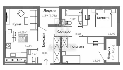 2-к квартира, 63,2 м², 4/7 эт.