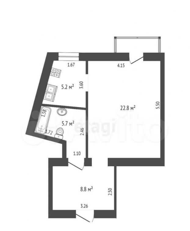 1-к. квартира, 43.6 м<sup>2</sup>